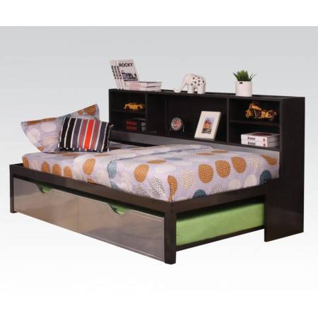 Renell Youth Black Silver Metal Wood PU Twin Bed w/Bookcase & Trundle